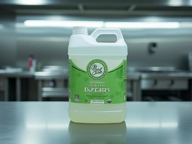 Herbal Gleam Organic Industrial Degreaser, large container in a commercial kitchen setting
